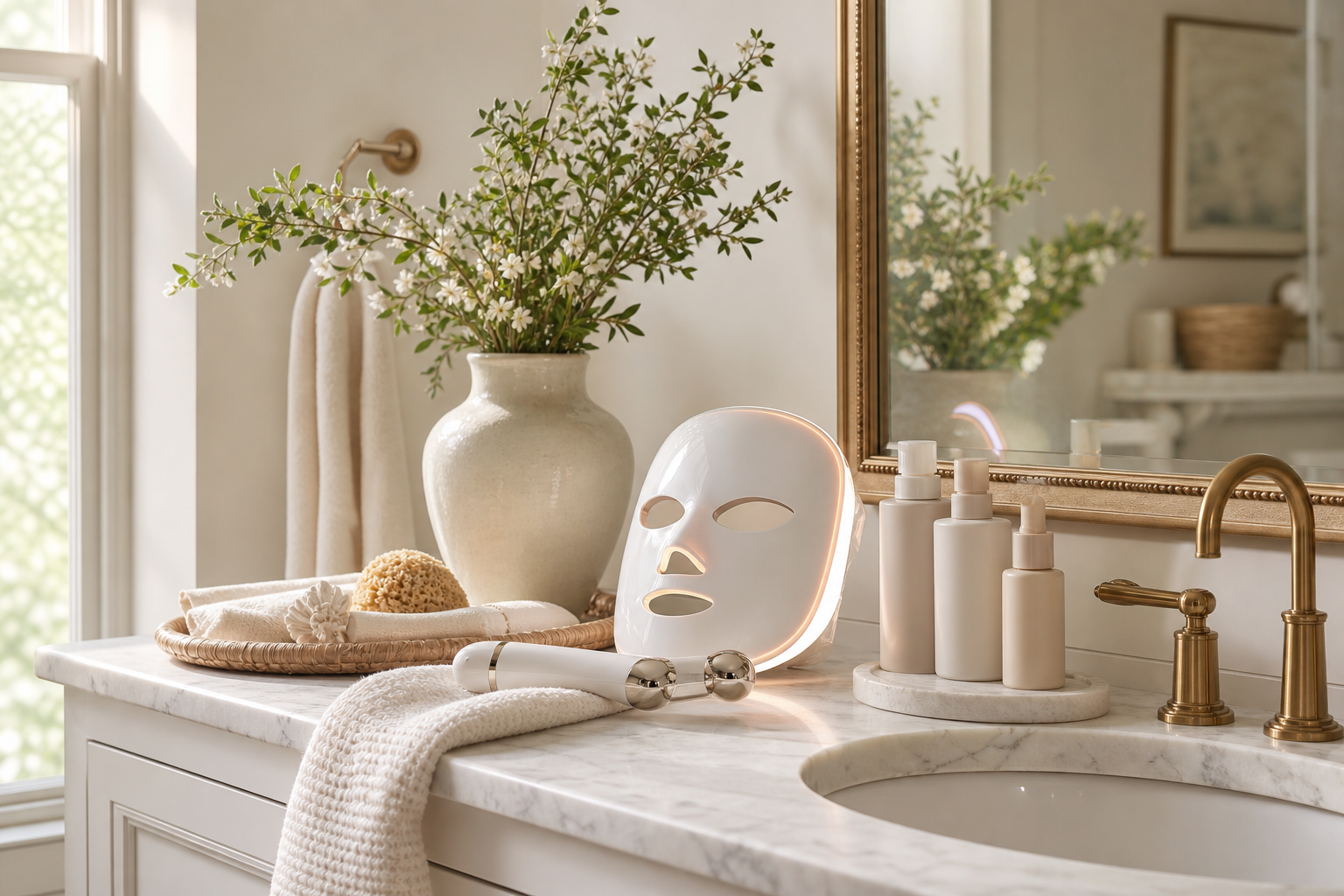 At-home beauty devices arranged on a marble bathroom counter with skincare products