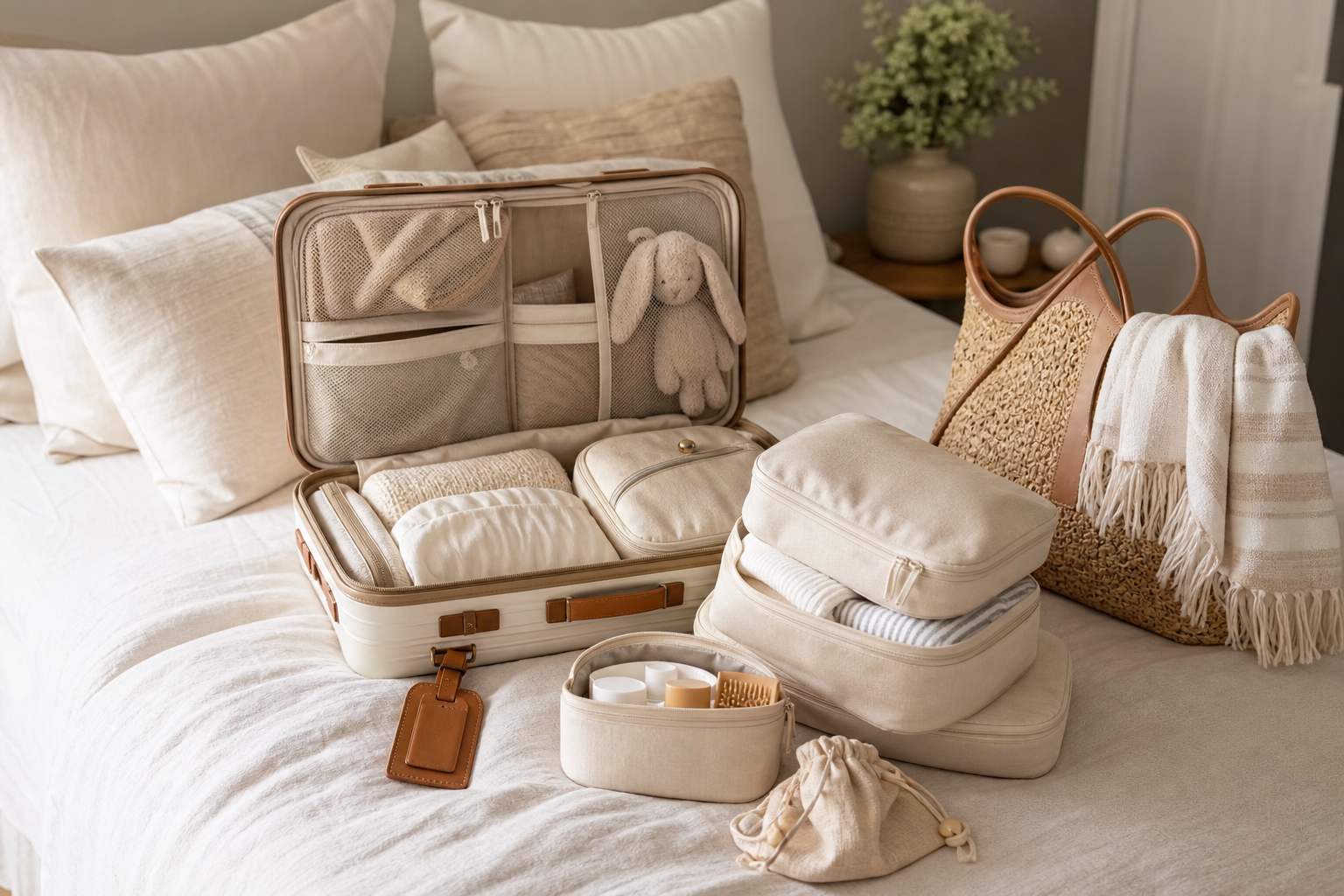 Neatly packed suitcase with packing cubes, travel accessories, and a passport on a bed with white linens