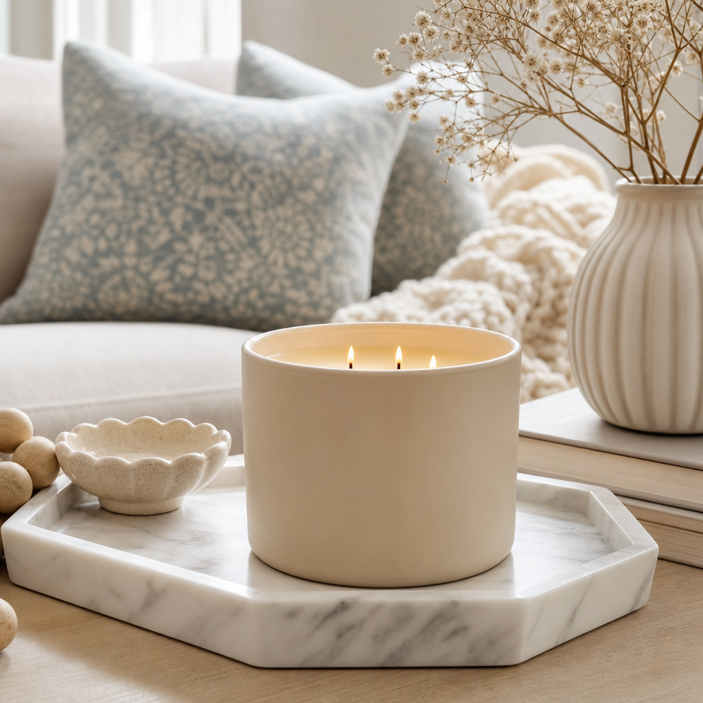 Unbranded beige candle styled on a marble tray in a neutral living room
