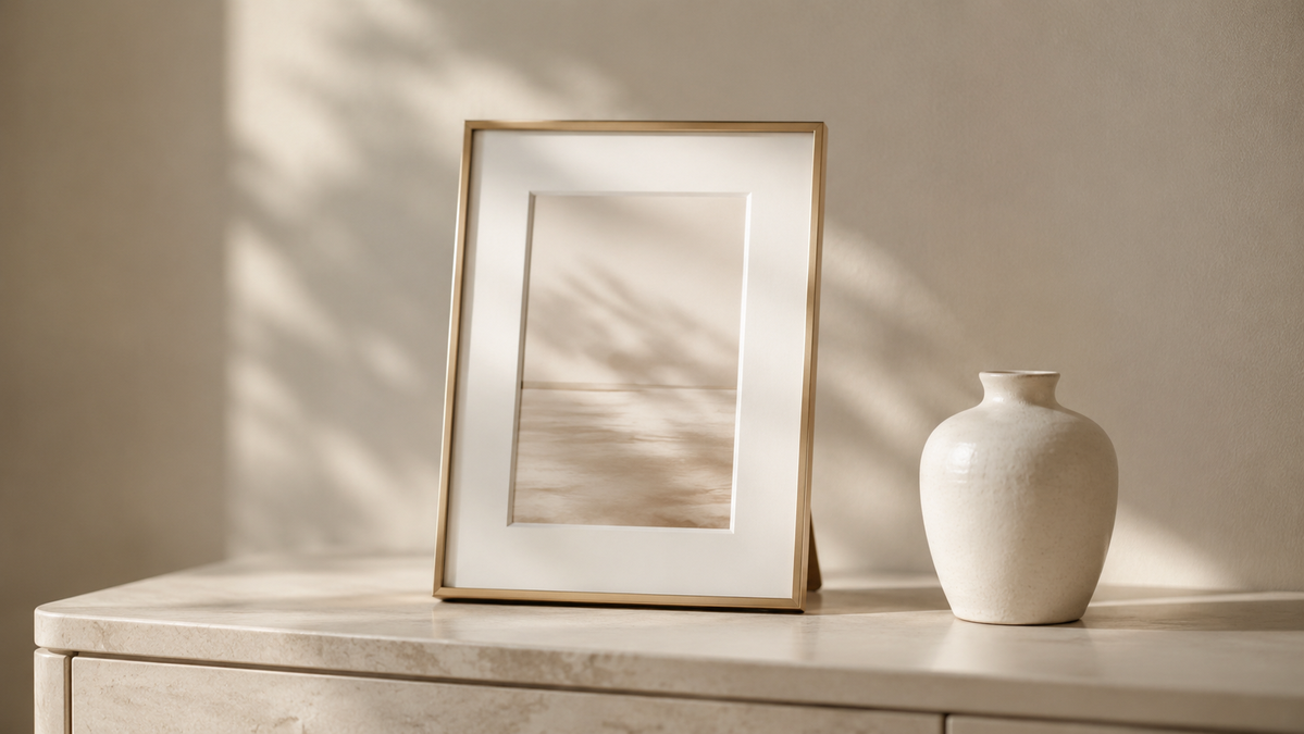 Slim brass frame styled on a neutral surface