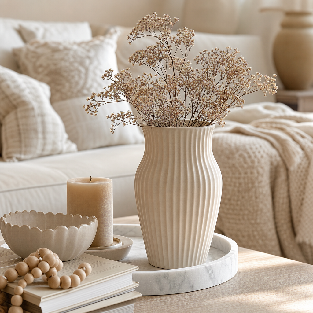 Fluted ivory ceramic vase with dried stems on a marble tray