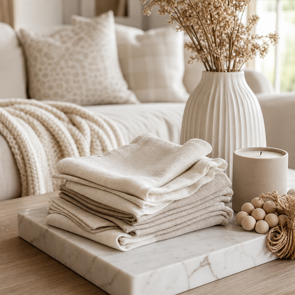Folded ivory linen napkins styled beside a candle and books in a neutral room