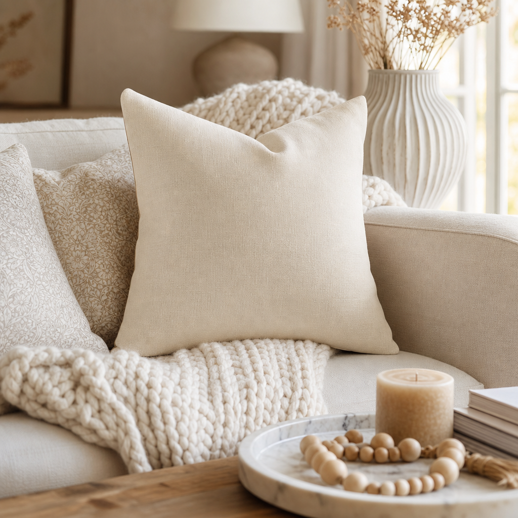 Warm ivory linen pillow cover styled on a cream sofa with neutral decor