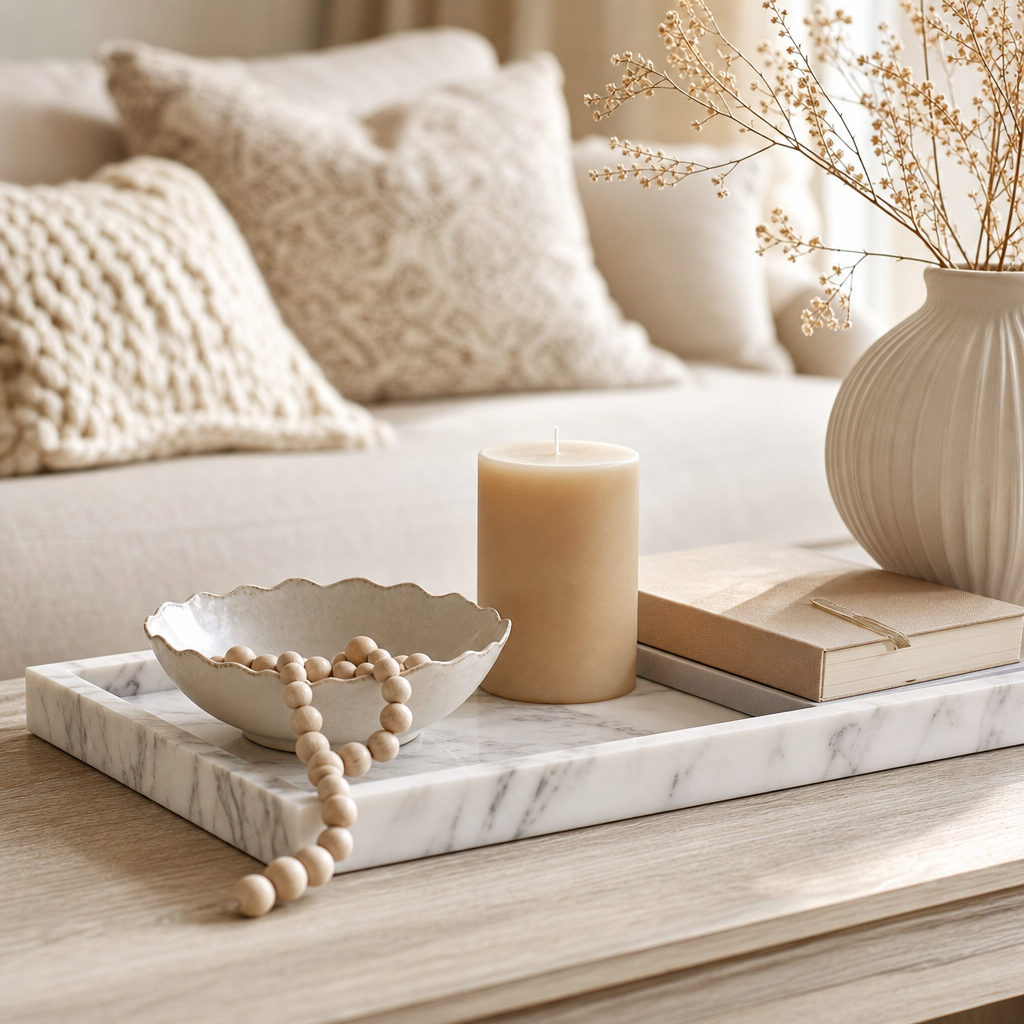 White marble tray styled with neutral decor on a pale wood coffee table