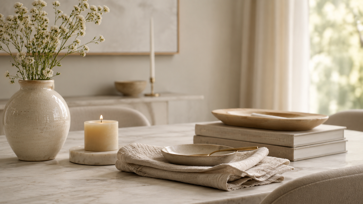 Neutral coffee table books styled with a marble tray and candle in a calm old money living room