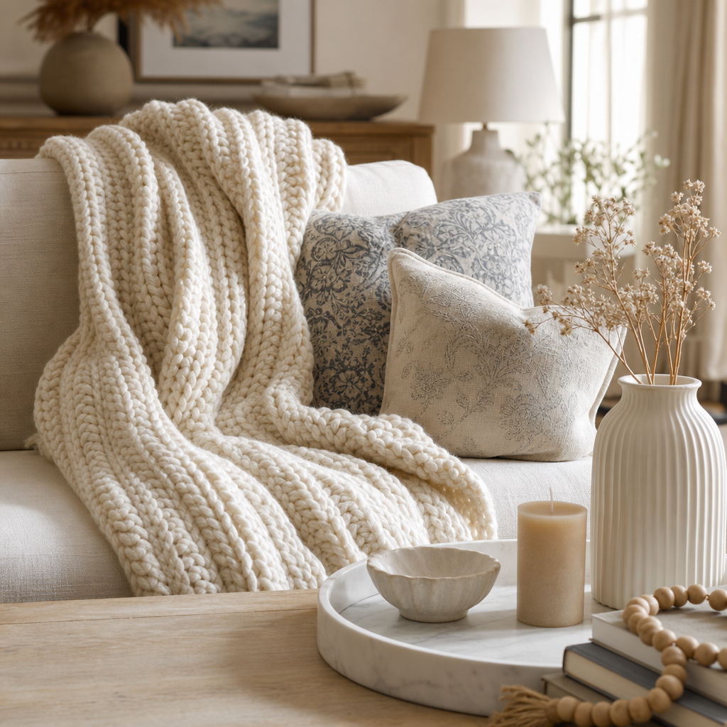 Chunky ivory knit throw draped over a cream sofa in a neutral living room