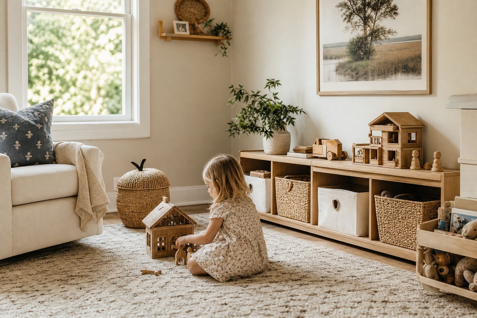 Organized playroom with neutral bins, wooden shelving, and soft lighting in a modern living space