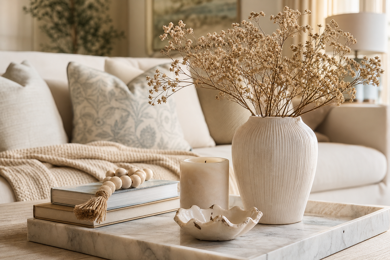 Styled coffee table with a marble tray, candle, coffee table book, and throw blanket in a neutral living room