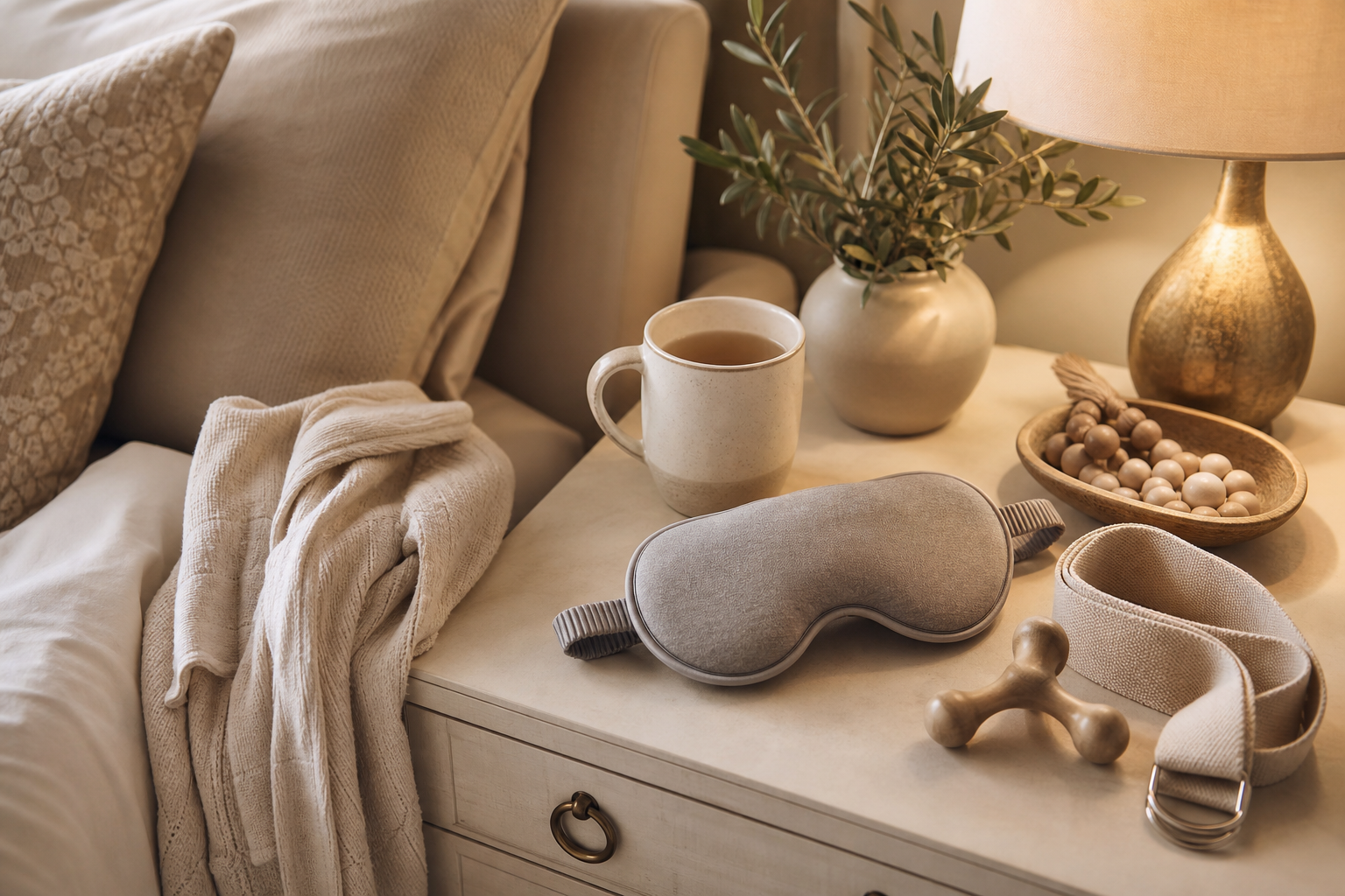 Cozy wellness setup with tea, slippers, a journal, and a weighted eye mask on neutral bedding